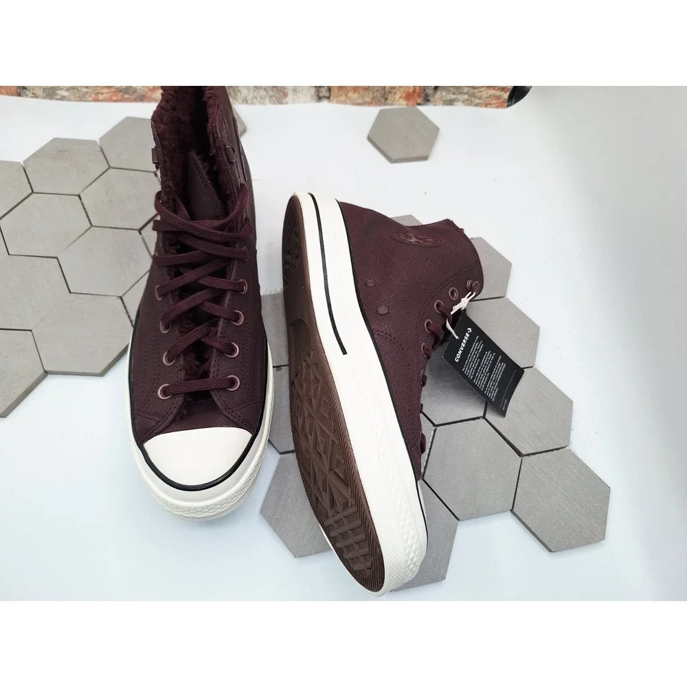 Converse Chuck 70 Distressed Leather Bloodstone Wine Lined Fur Sherpa Warm Sz 12 - Picture 15 of 16
